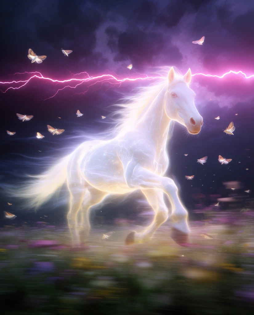 Glowing ethereal white horse galloping, horizontal pink lightning bolt, scattered glowing moths, dark stormy purple sky, strong motion blur, magical realism