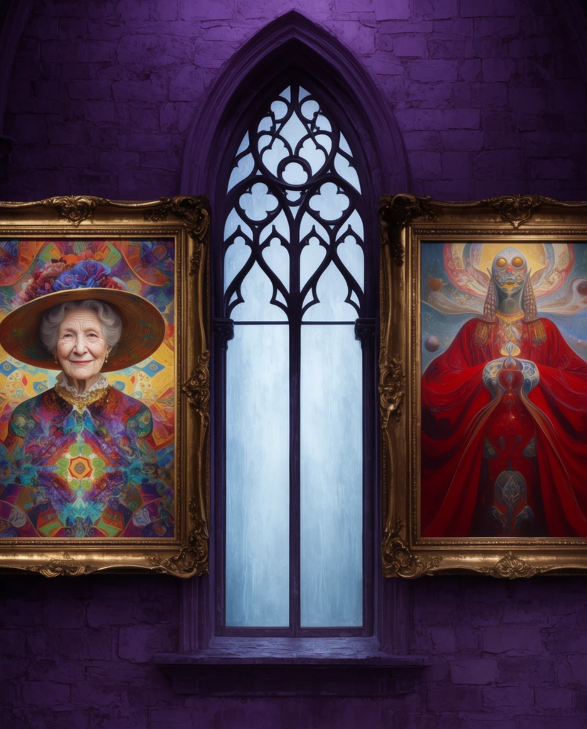Two heavy gold frames flank a Gothic arched window with dark tracery on a dimly lit purple stone wall. The left frame holds a vibrant kaleidoscopic portrait of an elderly woman in a wide hat. The right displays a symmetrical surrealist painting of a figure in crimson robes. Pale blue light spills through the central window glass.