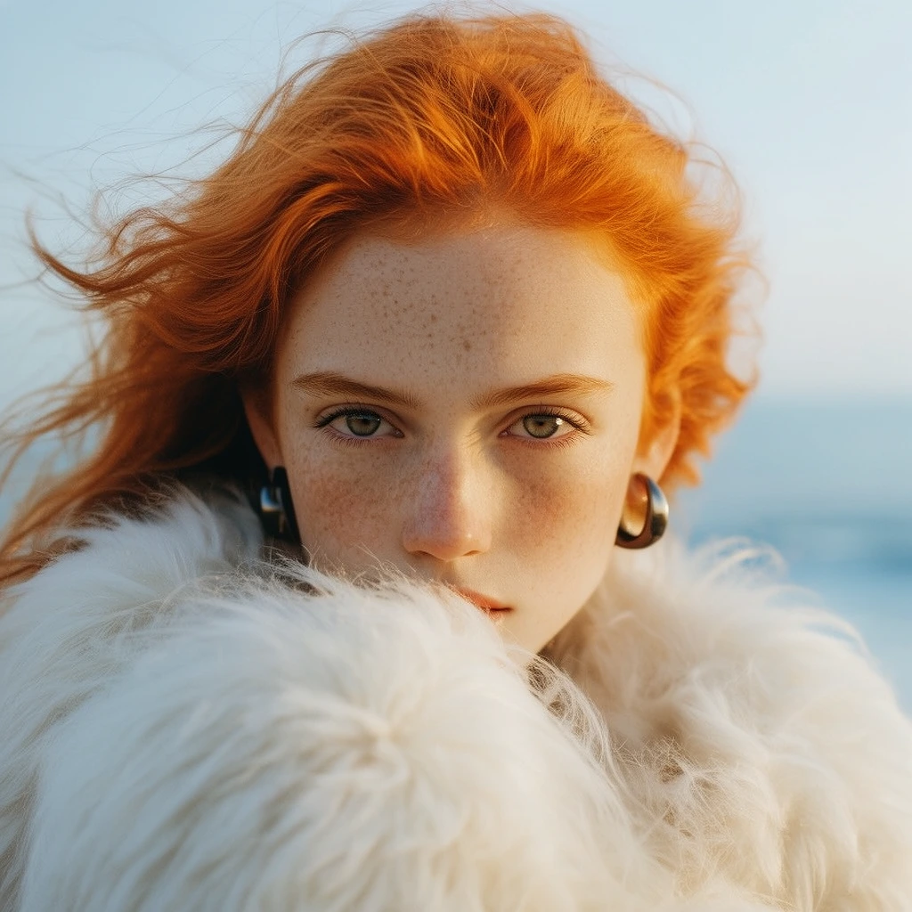Close-up portrait of a young woman with pale freckled skin and windswept bright orange hair gazing intensely at the viewer. She is wrapped in a voluminous white faux fur coat grazing her lower face, wearing dark metallic hoop earrings. Warm natural sunlight illuminates her features against a softly blurred pastel blue ocean horizon, shot with a shallow depth of field.
