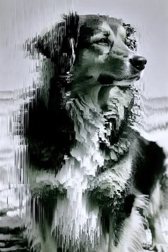 Monochrome Glitch Fragmentation style reference image — fragmented silhouettes