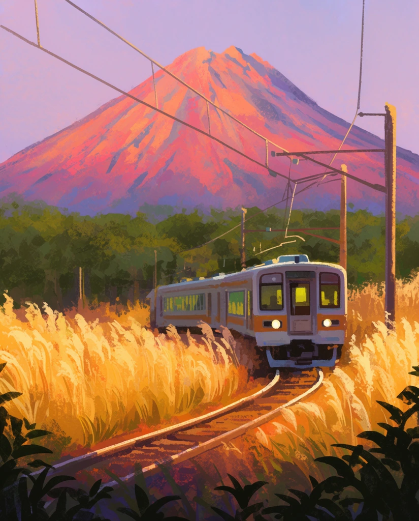 A passenger train with glowing headlights rounds a curving track through tall, golden pampas grass beneath a towering conical mountain. Overhead catenary wires crisscross a soft violet sky. The rugged mountain peak is bathed in vibrant pink and orange sunlight, rising above a dense green treeline. Dark leafy silhouettes frame the foreground. The impressionistic digital painting features visible textured brushstrokes and a warm golden-hour color palette.