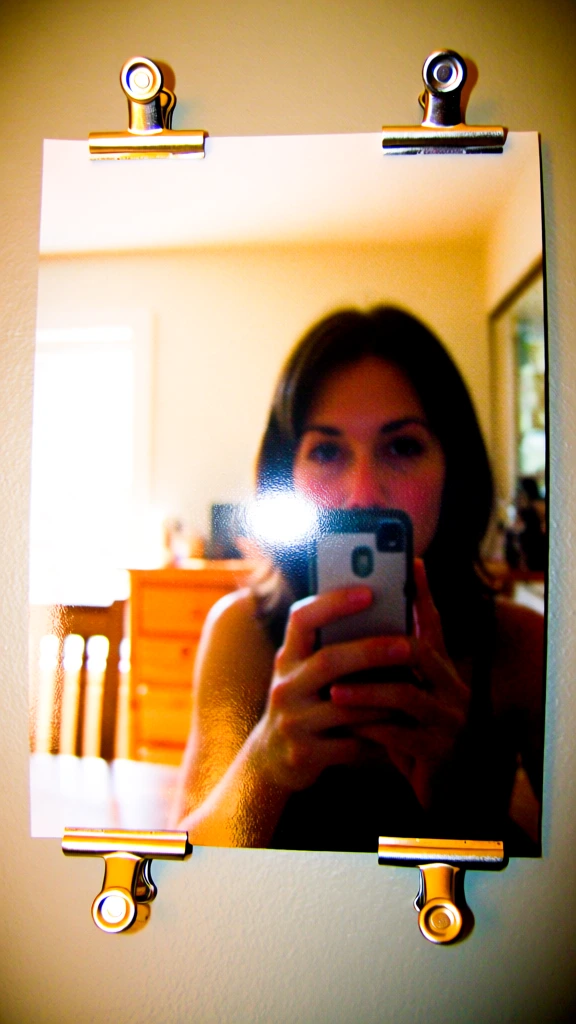a glossy poster mounted on a neutral wall by four metallic clips, the surface showing a clear reflection of a woman holding a smartphone, captured in an amateur point-and-shoot digital photography style, harsh frontal flash, blown-out highlights, flat lighting, saturated colors, subtle digital grain, low dynamic range, casual snapshot aesthetic, sharp focus on the reflection, early 2000s consumer camera look, vibrant color treatment