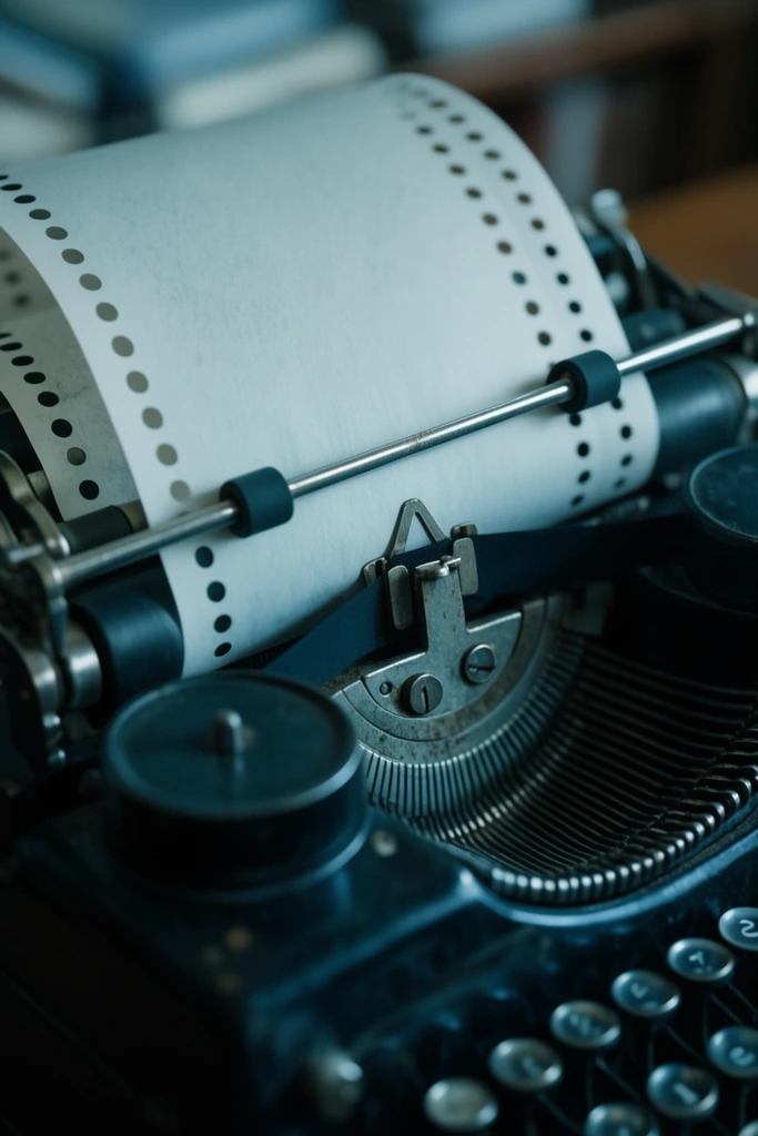 Close-up of a vintage black mechanical typewriter loaded with continuous tractor-feed paper. Metal bails and rubber rollers secure the perforated sheet. Cool cinematic lighting highlights the platen and ribbon mechanism against a softly blurred background.