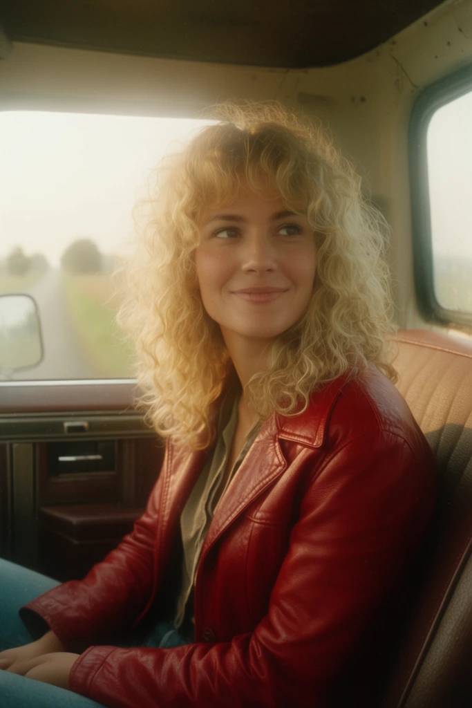 blonde curly-haired woman, red leather jacket, passenger seat of a vintage truck, gentle smile, looking off-camera, soft hazy lighting, out of focus country road, 90s cinematic film, window glare