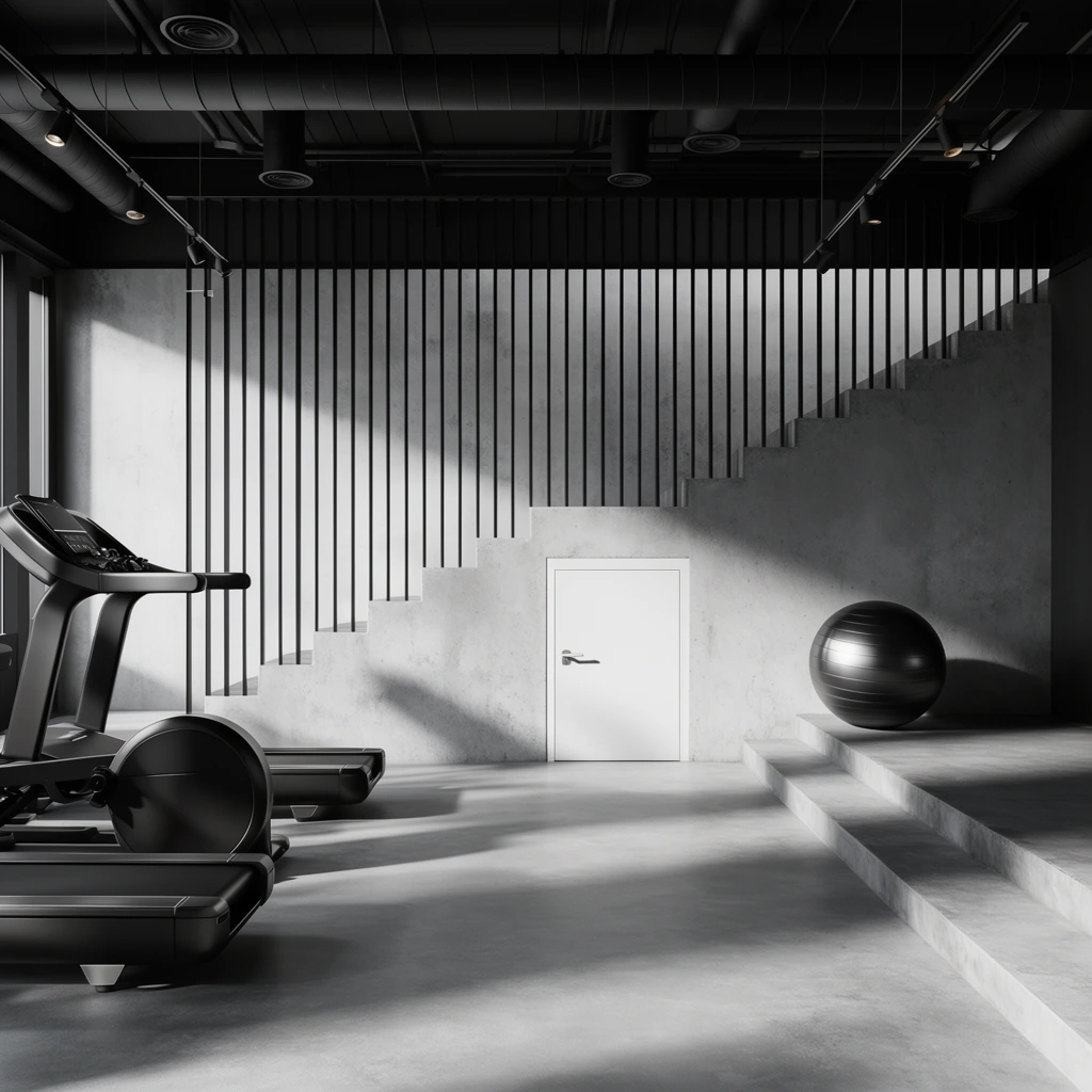minimalist industrial gym interior, concrete staircase with vertical black metal railing, small white door beneath stairs, exposed black ceiling with ductwork and track lighting, sleek black exercise machines on smooth concrete floor, fitness ball on raised platform, dramatic directional lighting, angled shadows, monochromatic grayscale palette, strong architectural lines, crisp interior photography