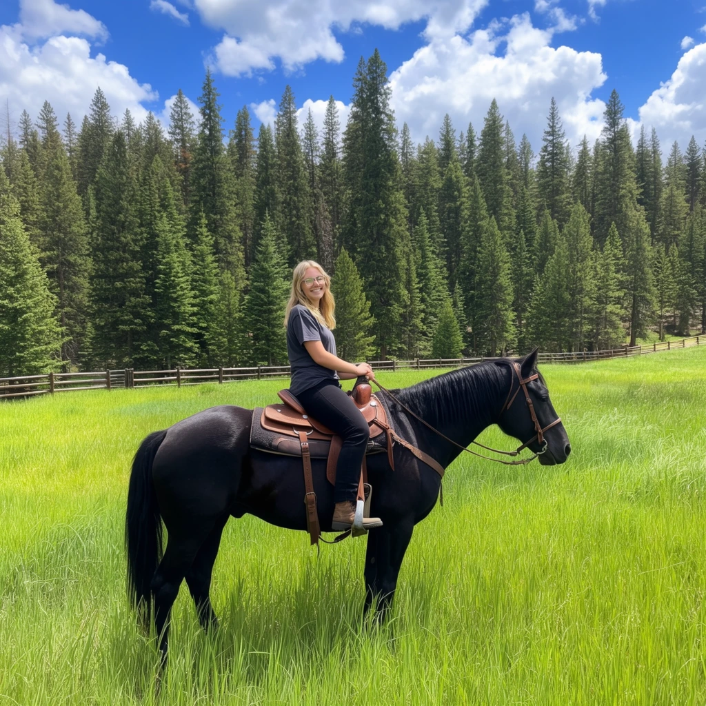 A smiling young woman with blonde hair and glasses rides a black horse through a vibrant green meadow. Wearing a dark grey t-shirt, black pants, and brown boots, she sits in a brown leather western saddle. The black horse stands in profile facing right amidst tall vivid grass. A low wooden fence stretches across the midground, bordering a towering dense forest of evergreen pine trees. Bright natural midday sunlight illuminates the serene scene under a vibrant blue sky filled with fluffy white cumulus clouds.