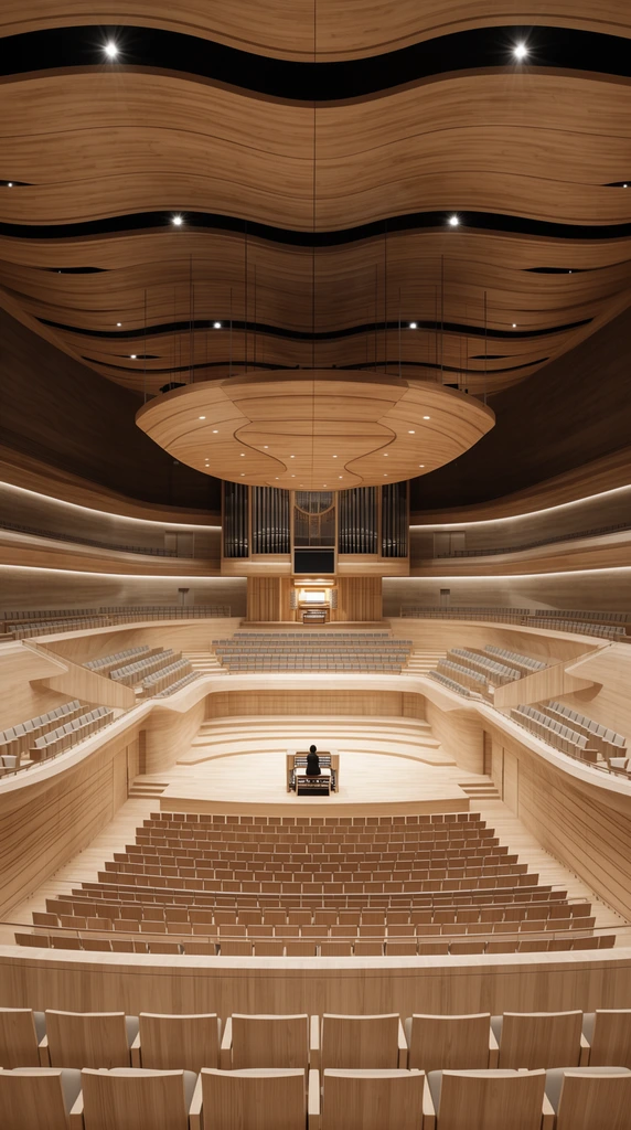 symmetrical modern concert hall interior, sweeping light wood terraced balconies, empty seats, central stage, person at pipe organ console, suspended wooden acoustic canopy, wavy ceiling, warm lighting