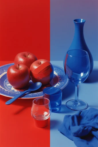 Saturated Duotone Minimalism style reference image — cobalt blue and scarlet red