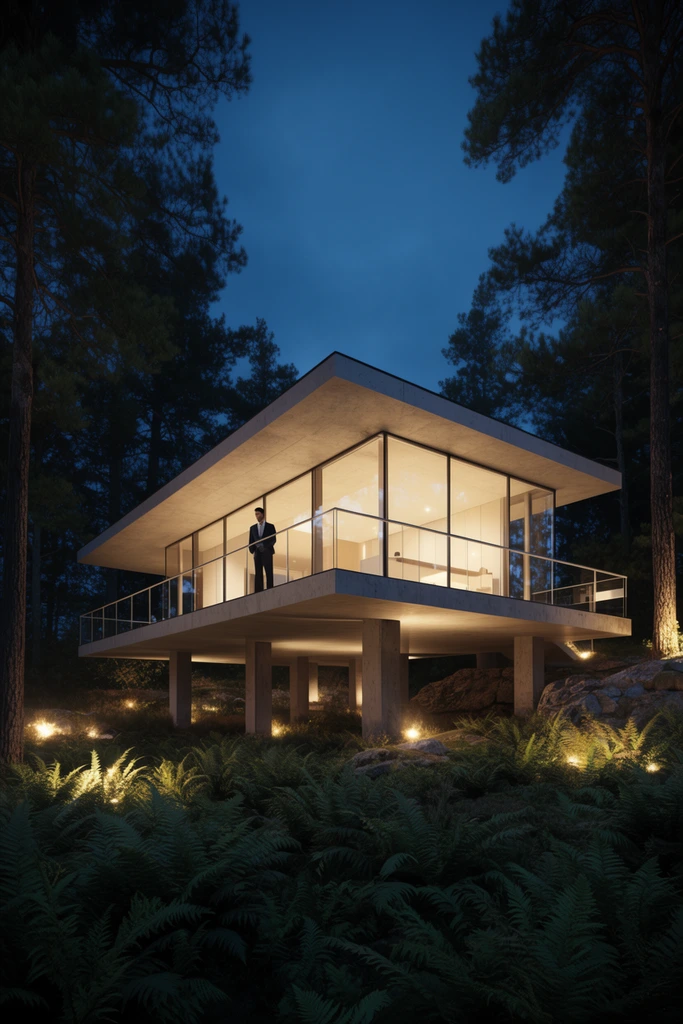 A glowing modern glass pavilion elevated on concrete pillars stands in a dark twilight forest. Floor-to-ceiling windows reveal a brightly lit interior beneath a flat overhanging roof. A man in a dark suit stands on the cantilevered balcony. Tall pine trees frame the structure against a deep blue sky. Warm ground lights illuminate dense foreground ferns and rocky terrain, contrasting crisp architectural lines with organic textures in this photorealistic architectural render.