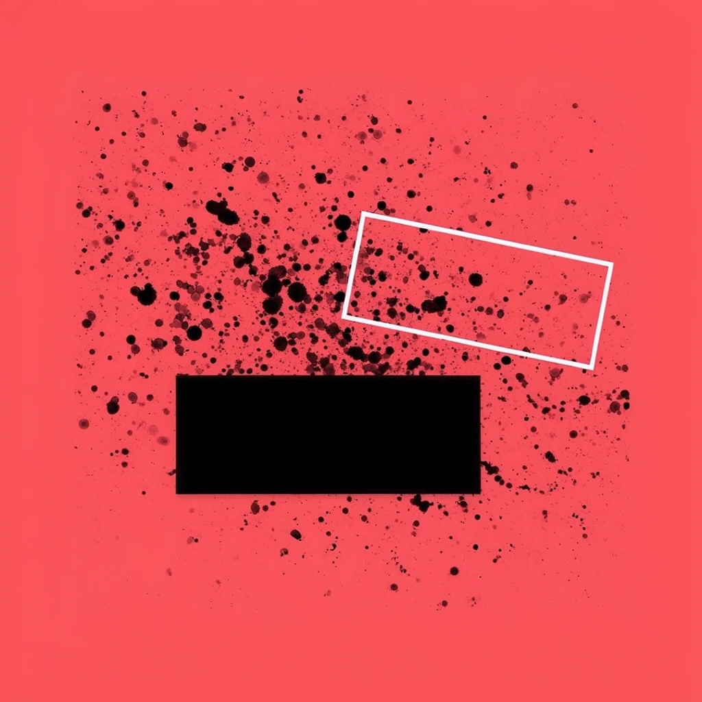 A vibrant abstract digital composition set against a solid, saturated coral-pink background. The central area is densely populated with opaque black ink splatters, ranging from fine specks to larger, irregular circular droplets scattering outward. A stark, solid horizontal black rectangular block rests in the lower center. Just above and to the right, a thin white rectangular outline tilts dynamically, contrasting with the chaotic, organic nature of the ink drops. The high-contrast color palette of coral, black, and white creates a striking visual impact. The aesthetic is clean, flat, and graphic, combining energetic textured speckles with rigid geometric shapes.