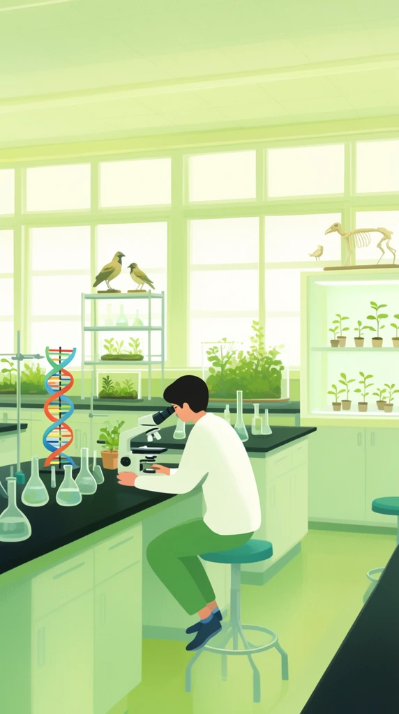 A person sits at a black laboratory bench gazing through a white microscope in a sunlit, green-tinted science classroom. The dark-haired figure wears a white long-sleeved shirt and green trousers, perched on a teal stool. Black-topped workstations fill the spacious room, equipped with glass flasks, a vibrant DNA double-helix model, and planted terrariums. A lighted cabinet holds potted seedlings, while metal shelves display a skeletal model and taxidermy birds. Expansive windows span the back wall, flooding the space with bright, diffused light. The digital illustration features a serene, monochromatic pale green and yellow palette with flat colors and soft gradients.