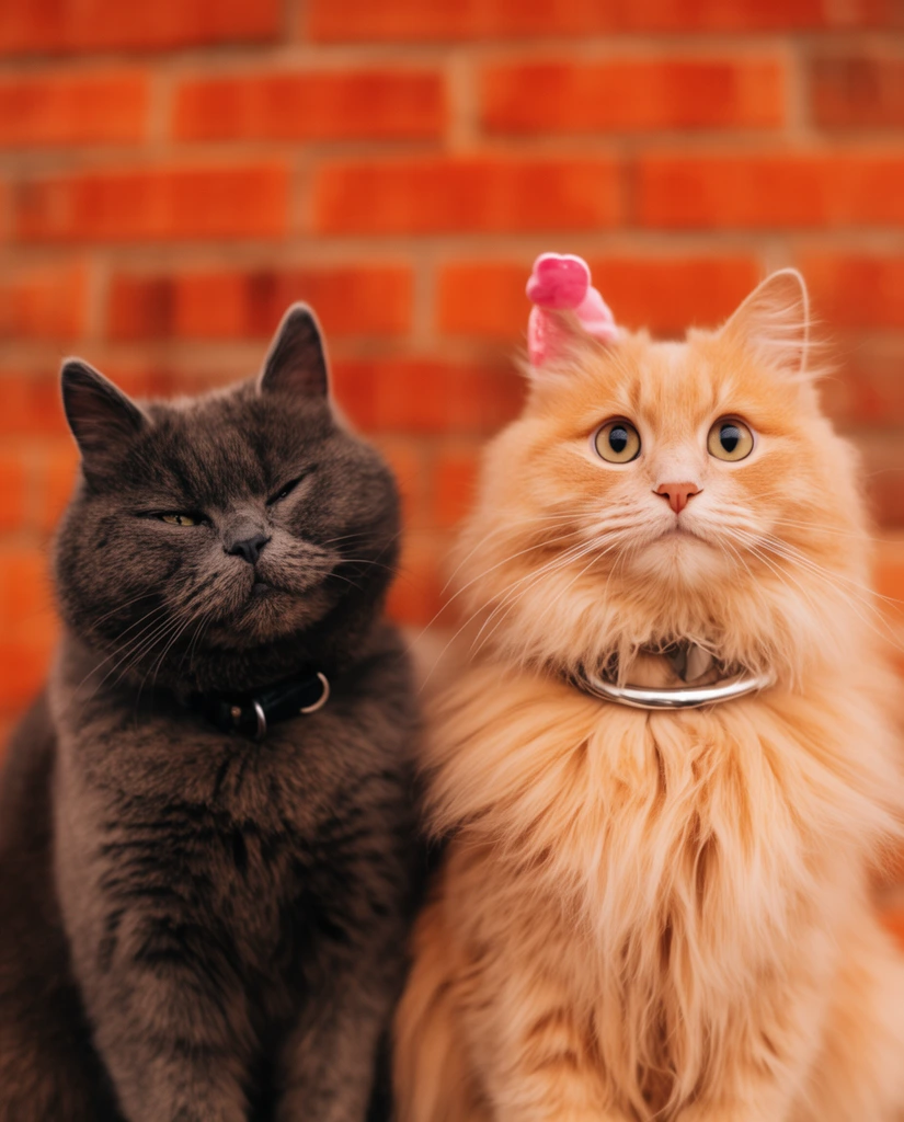 Two fluffy cats sit side-by-side against a soft-focus red brick wall. A dark grey cat with a squinting expression and black collar sits on the left. Beside it, a long-haired light orange cat with wide eyes, a silver collar, and a pink ear accessory faces forward. The close-up, eye-level photograph uses warm lighting and shallow depth of field to highlight their contrasting colors.