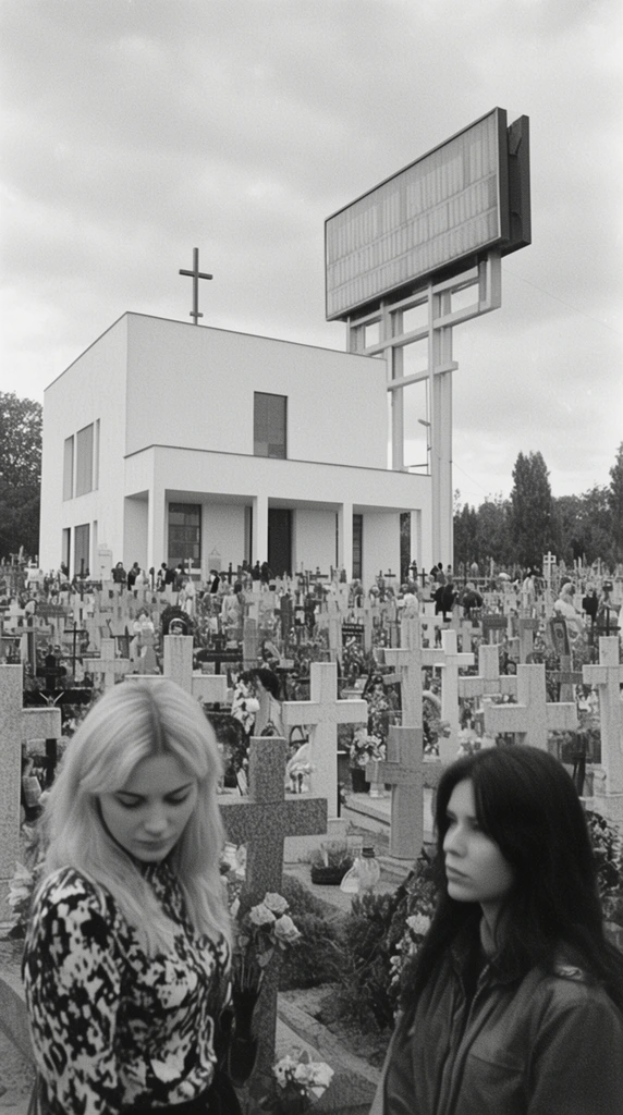 black and white film photography, two women standing in a crowded cemetery surrounded by grave crosses, blonde woman looking down in a patterned top, dark-haired woman looking sideways, stark white modernist building with a rooftop cross, large elevated rectangular sign structure, overcast sky, grainy texture, wide depth of field
