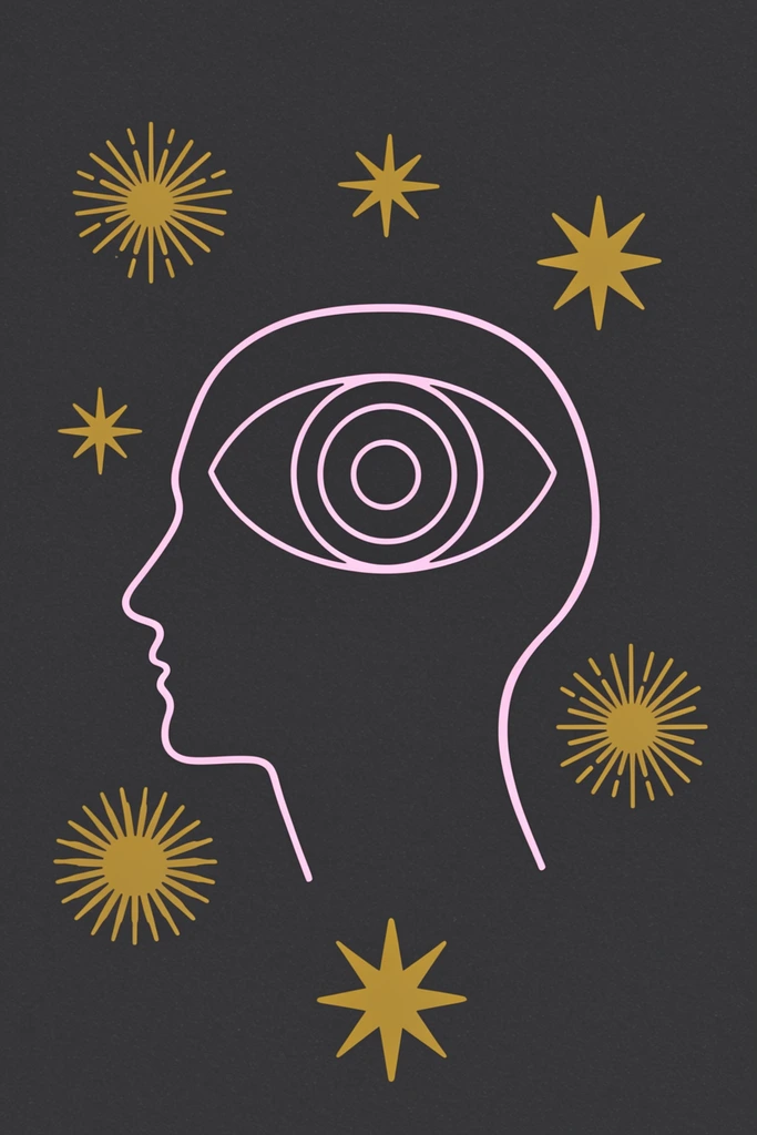 A minimalist line art illustration of a pale pink human head in profile facing left, set against a dark charcoal gray background with a subtle grainy texture. Centered inside the cranium of the silhouette is a large, stylized eye drawn in matching pink linework, featuring concentric circles and a solid pupil. Six golden-yellow celestial motifs, including sharp eight-pointed stars and radiant multi-rayed sunbursts, float scattered around the head. The stark, flat vector-style composition utilizes a highly restricted pastel pink and golden color palette to create an esoteric, mystical aesthetic.