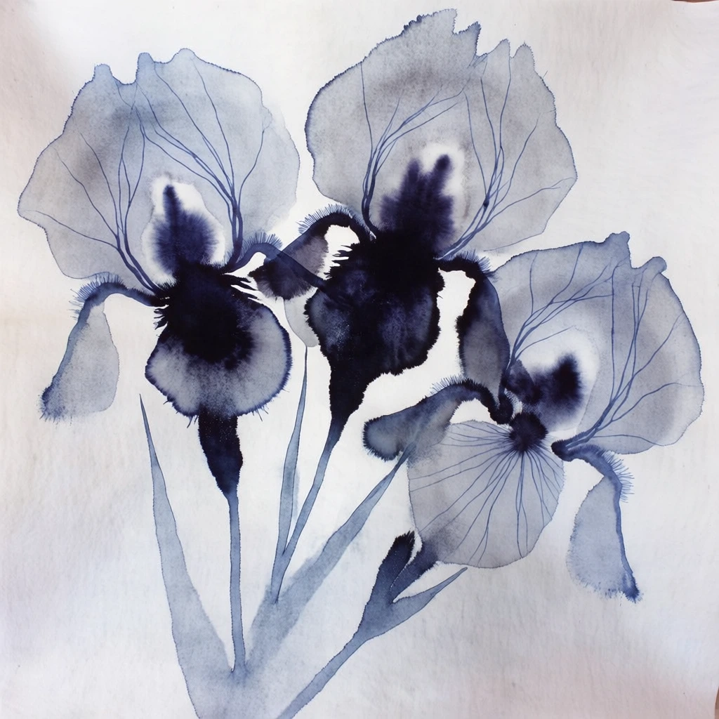 three iris flowers with stems and leaves angled from the bottom left, rendered in monochromatic indigo ink wash on white cold-press paper, featuring wet-on-wet diffusion and osmotic bleeding, deep navy saturation in flower cores with feathered edges, delicate capillary lines for veins, minimalist sumi-e aesthetic, desaturated blue-gray gradients, high-contrast organic silhouettes, wabi-sabi style, ethereal bleeding pigment textures, granular ink-wash botanical study.