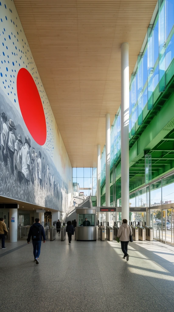 A modern transit station concourse bathed in natural sunlight features a spacious interior defined by a flat, light wood-slatted ceiling and tall white cylindrical columns. The left wall displays a massive mural of monochromatic figures in a field accented by a giant solid red circle and blue dots. Floor-to-ceiling glass walls on the right reveal a vivid green elevated steel structure against a bright blue sky. Several commuters walk across the speckled grey stone floor toward central metallic turnstiles, a small attendant booth, and a background staircase. Crisp daylight casts strong diagonal shadows, highlighting the architectural geometry and deep one-point perspective of the bustling urban space.