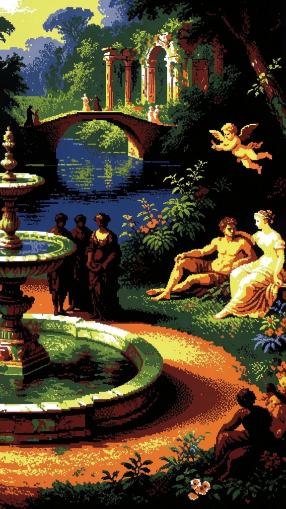 16-bit retro pixel art, crunchy aliased textures, high-contrast chiaroscuro with heavy dithering, restricted indexed color palette of acidic yellows and saturated cobalt blues against a void-black background, a garden gathering, a towering ornate fountain and standing silhouettes in the left foreground, a reclining man and woman with a hovering winged cherub on the right, a midground arched bridge over deep water with walking figures, framed by dense foliage and crumbling stone ruins.