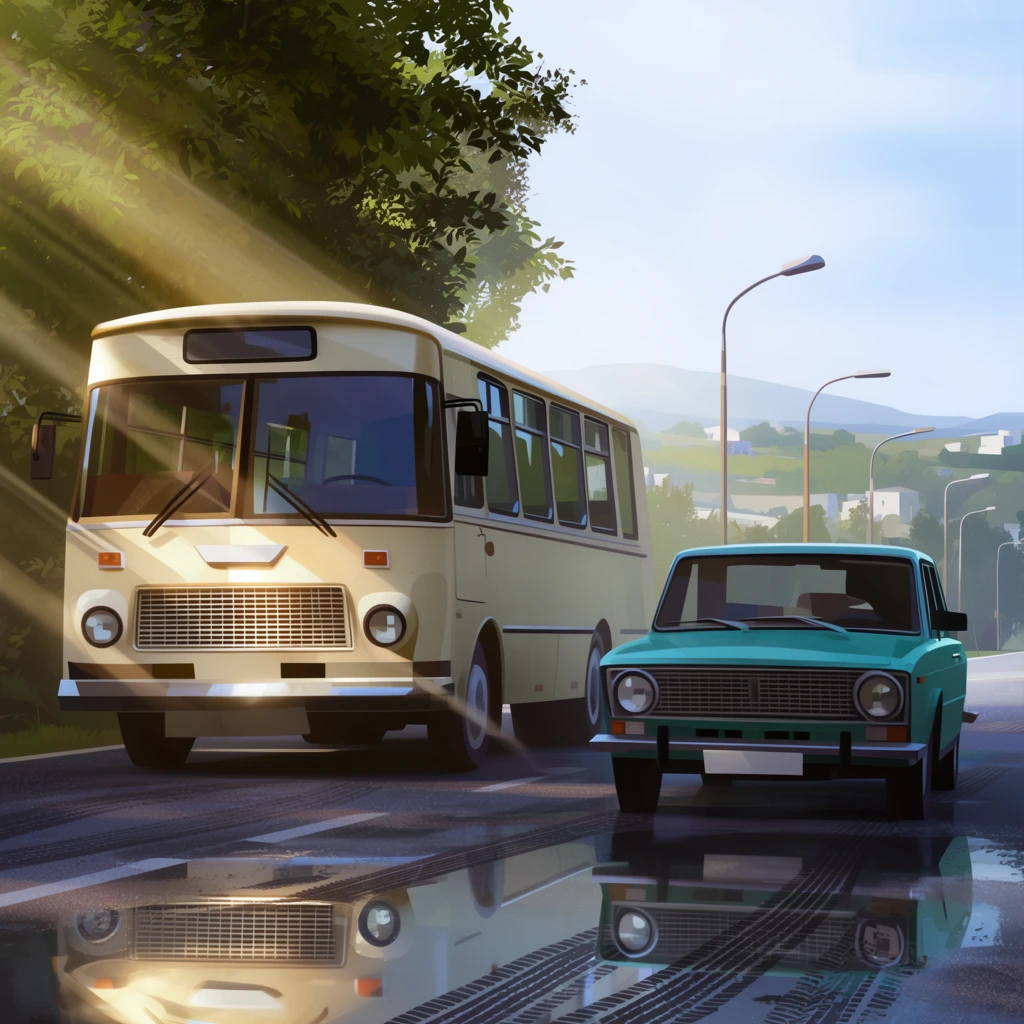 A vintage cream-colored bus and a boxy teal sedan drive alongside each other on a wet asphalt road. Brilliant sunlight filters through a dense green tree on the left, casting prominent volumetric rays across the scene. The wet pavement features a large puddle etched with curved tire tracks, creating crisp reflections of the vehicles' front grilles and round headlights. Slender, curved streetlamps line the roadside against a distant backdrop of rolling hills, scattered white buildings, and a pale blue sky. Rendered as a stylized digital painting with cinematic atmospheric lighting, contrasting warm sunbeams with cool shadows.