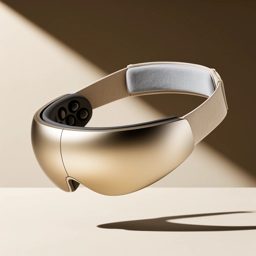 A metallic champagne-gold wearable eye visor floats against a split-tone beige background. The sleek, curved mask features a beige fabric headstrap with a soft gray lining and dark interior nodes. A strong diagonal light casts a sharp shadow across the top-left backdrop and a distinct drop shadow beneath the device, creating a clean, high-end commercial aesthetic.