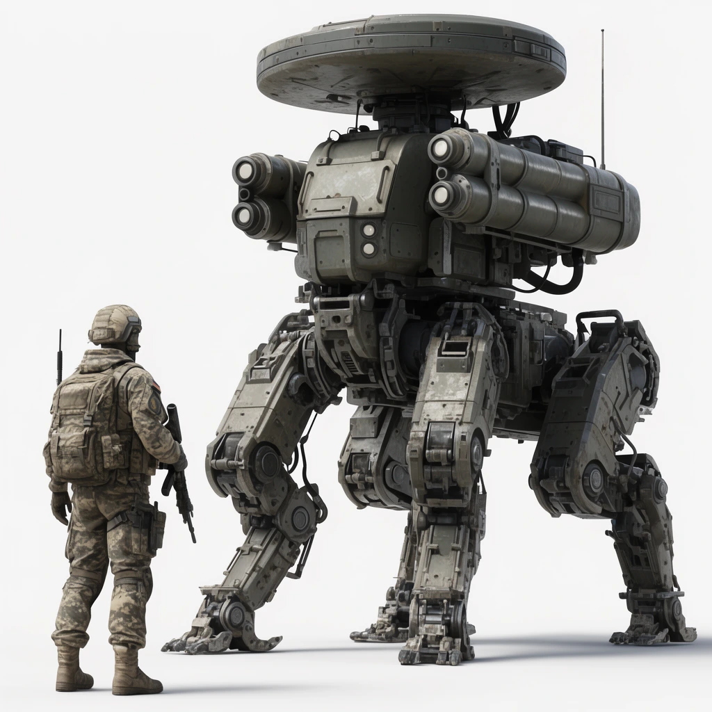 Soldier in camouflage facing a massive quadrupedal military robot, top-mounted circular sensor dish, cylindrical launchers, mechanical legs, white background, realistic 3D render