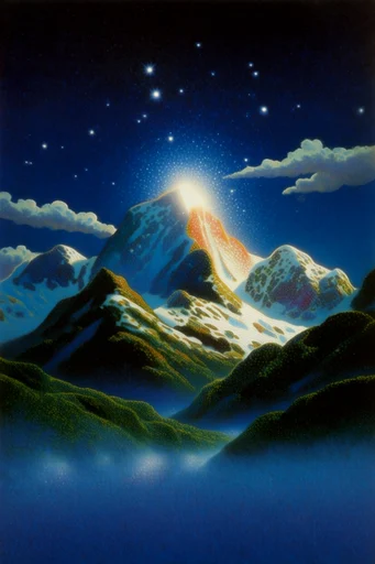 Prismatic Cosmic Retro-Surrealism style reference image — 1970s sci-fi book cover art