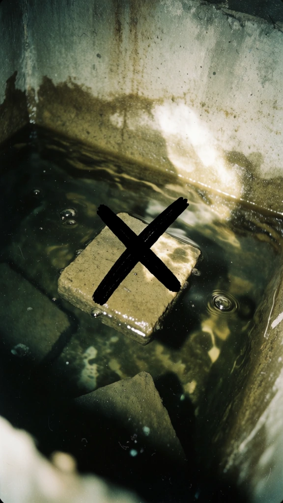 low-fidelity amateur snapshot aesthetic, harsh direct point-source flash, high-contrast shadows against a stained concrete corner, central bold black graphic x layered over floating geometric shapes partially submerged in murky dark green viscous liquid, concentric ripples and scattered air bubbles, desaturated sallow color palette with a sickly greenish tint, gritty film grain, glossy wet surfaces, visceral and claustrophobic mood, top-down tight framing, 35mm film texture.
