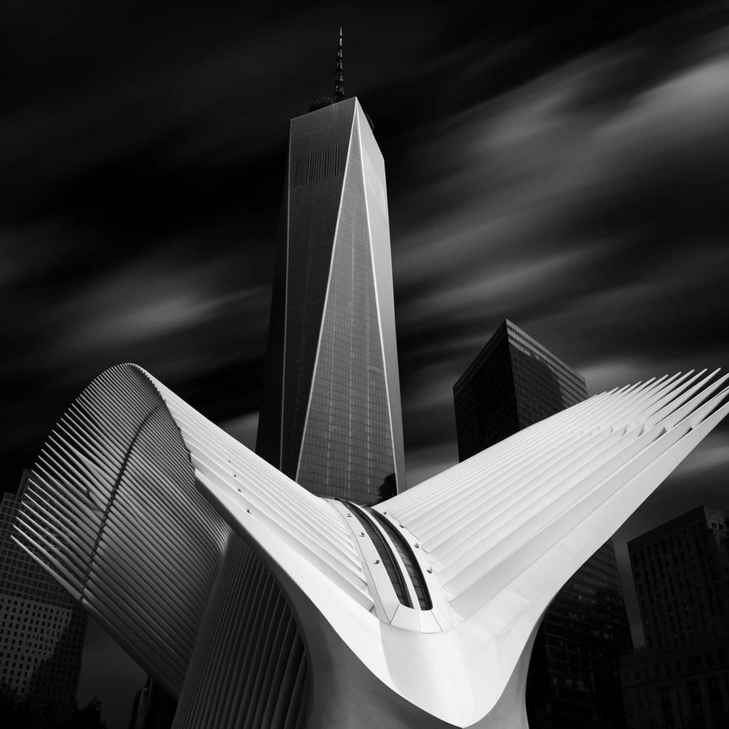 A black and white architectural composition featuring a bright white, ribbed structure with soaring wing-like extensions. Behind it, a towering glass skyscraper with faceted geometric sides and a prominent spire rises into a dark sky. High contrast and long-exposure techniques create smooth, sweeping motion blur in the background clouds, emphasizing the sharp modern geometry from a dramatic low angle.