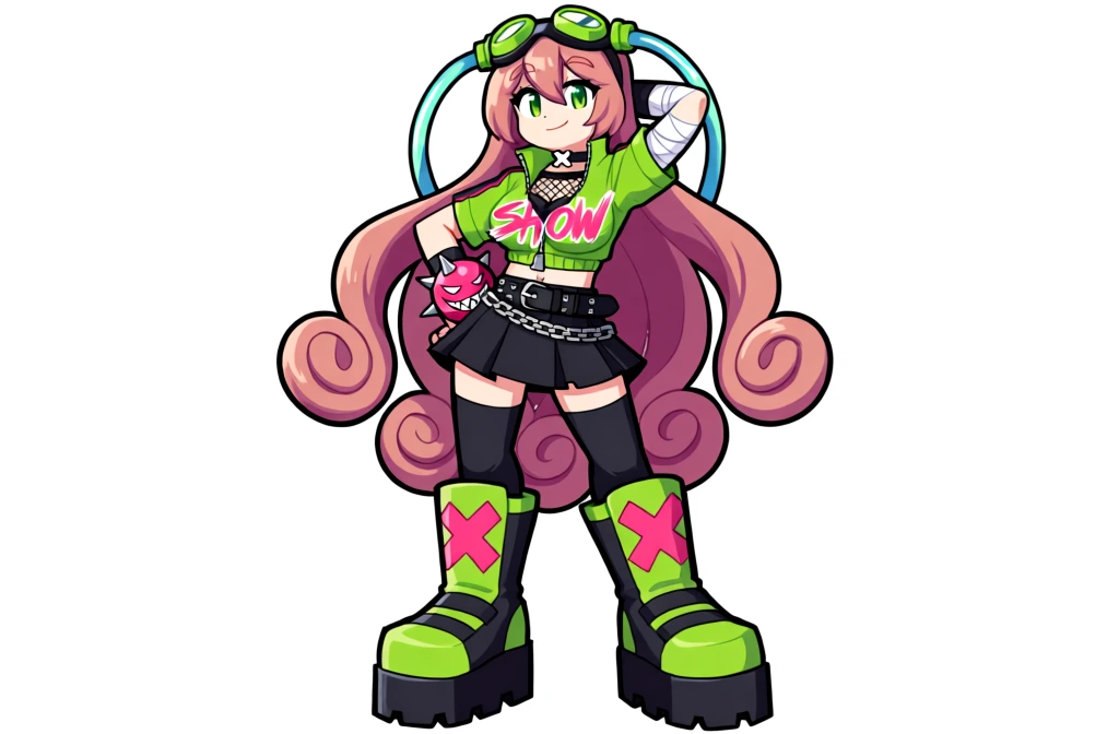 An anime-style girl with voluminous, dusty pink hair and a vibrant lime green outfit stands in a confident pose against a solid white background. Her long hair flows behind her, terminating in six large, thick curls that spiral outward at her sides. She wears oversized green goggles with black frames on top of her head, from which two translucent blue tubes arch downward behind her shoulders. Her face features large green eyes and a small, closed-mouth smile. She is dressed in a short-sleeved, cropped lime green jacket that is partially unzipped to reveal a black mesh top and a black choker with a silver "X" charm. Across the chest of the jacket, the word "SHOW" is written in a pink, stylized, graffiti-like brush font. Her left arm is bent with her hand behind her head, revealing white bandages wrapped around her forearm, while her right hand rests on her hip next to a pink, spiked ball accessory that has a mischievous, jagged-toothed grin. A short, black pleated skirt is held up by two belts—one black leather belt with silver studs and one silver chain belt. She wears black thigh-high stockings that disappear into massive, chunky platform boots. These boots are primarily lime green and black, featuring large pink "X" shapes on the front and heavy, lugged black soles. The illustration is characterized by thick, bold black outlines and a cel-shaded coloring style, presented from a full-body, straight-on perspective.