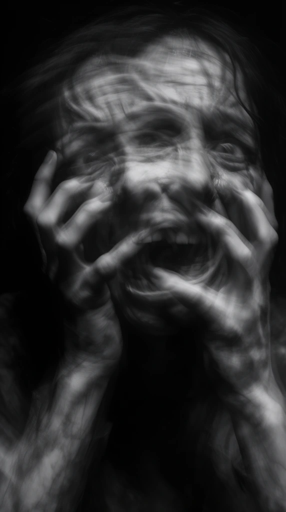 distressed figure emerging from pitch black darkness, frantic hands clutching a distorted multi-exposure face, dramatic motion blur, chaotic swirling facial features, high contrast grayscale photography, deep shadows, ghostly psychological horror aesthetic, haunting long exposure effect