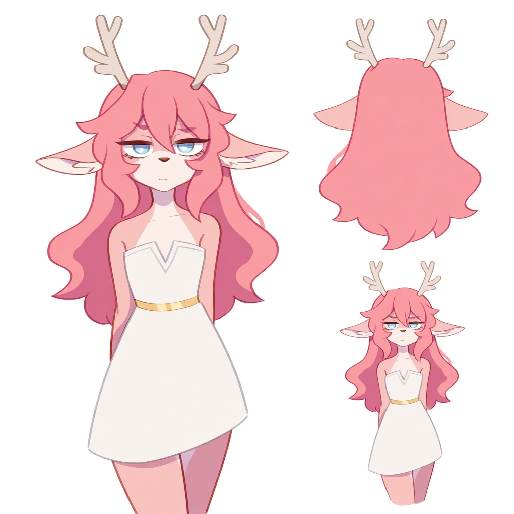 A full-body digital illustration of a pink-haired deer girl with antlers and pointed ears wearing a short white dress is shown against a plain white background. The central figure stands in a three-quarter view, facing slightly to the right with her head tilted towards the viewer. She has long, voluminous pink hair with jagged, wavy ends, large light blue eyes with white pupils, and subtle freckles across her nose and cheeks. Small, off-white, two-pronged antlers emerge from the top of her head, and long, pointed elf-like ears extend horizontally. She wears a simple, strapless white mini-dress cinched at the waist with a thin gold band. Her pose is relaxed, with her arms slightly out from her sides and her bare feet positioned with one foot forward. To the lower left, a back view of her head and hair is depicted, showcasing the flow of her pink locks and the placement of her ears and antlers. To the lower right, a cropped bust-up version of the same character is shown, repeating her neutral facial expression and attire. The art style is a clean, 2D anime-inspired aesthetic with bold black outlines, flat colors, and simple cell-shading that defines her form and the folds in her dress. The lighting appears to come from the upper left, casting soft shadows on her right side.