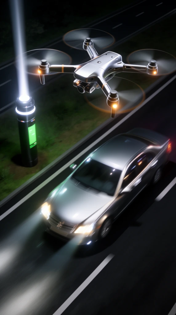 A sleek silver quadcopter drone hovers above a speeding sedan on a dark multi-lane highway from a high-angle aerial perspective. The drone features four rapidly spinning blurred rotors and glowing orange lights. Below, a silver car streaks across the dark asphalt, rendered with intense motion blur and piercing bright headlights. Diagonal white lane markings guide the path. On the left grassy shoulder, a futuristic black cylindrical pole emits a bright white beam, accented by illuminated rings and a vibrant green rectangular panel. The polished 3D digital rendering emphasizes dynamic motion and contrasting artificial lighting in a nocturnal high-tech environment.