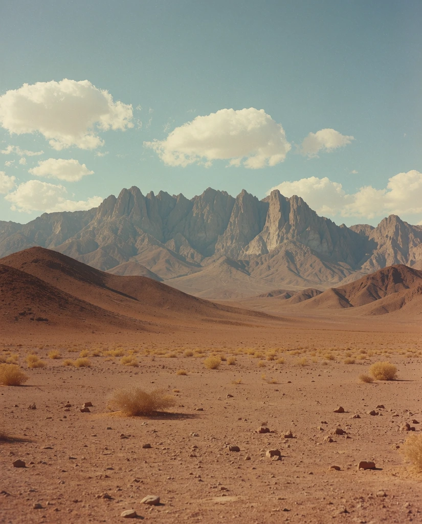 A vast, arid desert stretches toward jagged mountain peaks under a pale blue sky dotted with white clouds. The flat foreground consists of reddish-brown dirt, scattered loose rocks, and sparse yellow scrub brush. Rolling barren hills rise into a massive, imposing mountain range with sharp, craggy ridges spanning the horizon. Captured in a cinematic wide-angle perspective with deep depth of field, the scene utilizes a muted earthy color palette of terracotta and tan, emphasizing the grand scale and grainy texture of vintage panoramic landscape photography.