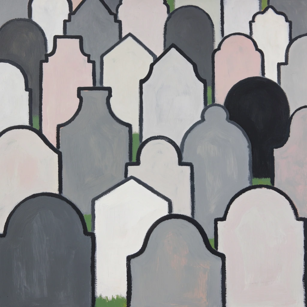 A stylized, graphic painting depicts a dense and overlapping cluster of tombstones filling the entire vertical frame. Dozens of gravestone shapes in varying sizes and silhouettes are packed tightly together, featuring rounded arches, gabled points, and flat tops with decorative shoulders. Each individual stone is defined by a thick, dark, textured outline that separates it from its neighbors. The color palette is dominated by muted, earthy tones including various shades of slate gray, charcoal, off-white, dusty pink, and pale cream. Near the center of the composition, a few small, vertical slivers of vibrant green paint are visible through the narrow gaps between the stones, suggesting the presence of grass. The arrangement lacks a traditional perspective, creating a flat, compressed field of shapes where the stones at the top appear smaller than those in the immediate foreground. The painting technique is characterized by visible brushstrokes and a matte finish, with even, diffused lighting that eliminates shadows and highlights. The overall composition focuses on the repetitive, rhythmic quality of the geometric forms in a crowded, stylized cemetery scene.