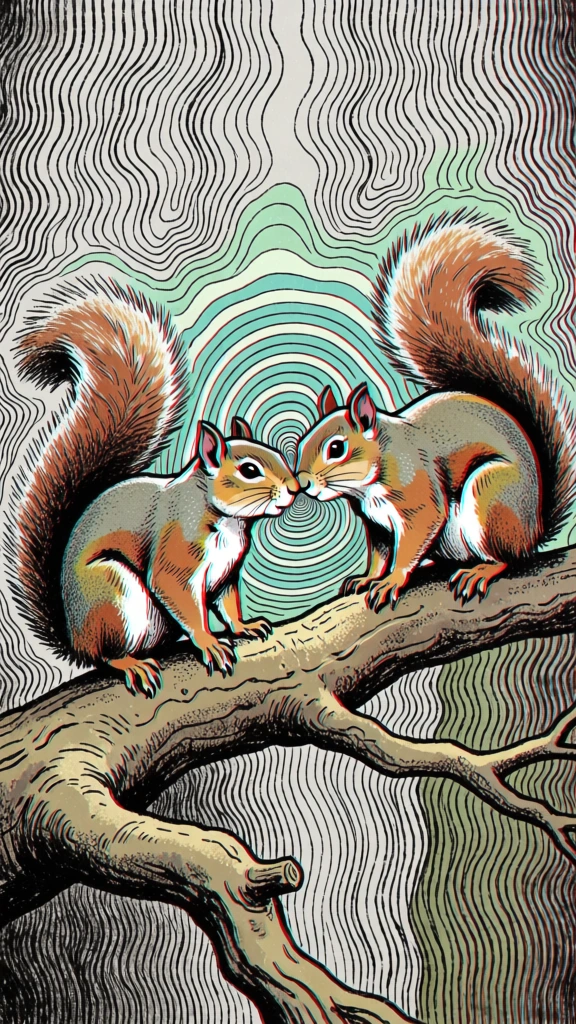 two squirrels touching noses on a gnarled branch, surreal psychedelic illustration style with thick black outlines, concentric topographic teal and mint ripples emanating from the contact point, high-contrast stippled halftone shading, dramatic 3d anaglyph red and blue chromatic aberration, distorted wavy vertical background lines, forced perspective, hand-drawn pen-and-ink aesthetic, digital glitch art texture, trippy visual distortion, muted grey sky.