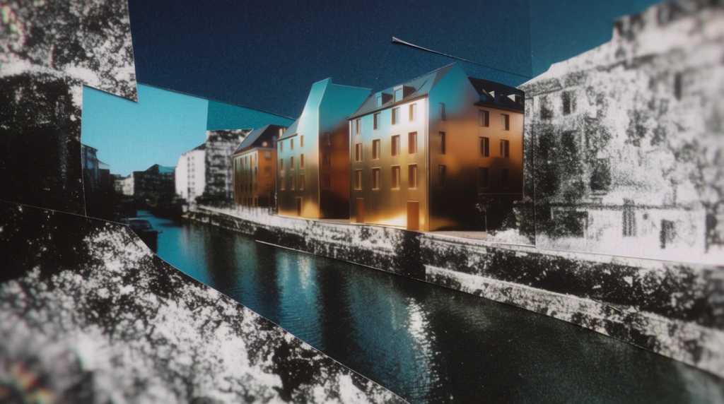 Several multi-story buildings lining a canal are rendered with smooth, polished metallic surfaces glowing in warm amber and gold tones with brilliant cyan reflections. The architectural structures stand in sharp relief against a mixed-media collage environment characterized by straight, overlapping geometric cutouts and fragmented layers. The canal water, deep sky, and surrounding banks are composed of these sharp-edged collage pieces, featuring extreme, high-contrast film grain and a stark black, white, and deep teal color palette. The textured foreground and background areas present a heavily manipulated, crystallized monochrome appearance with crushed blacks and overexposed, noisy whites. Sharp collage seams slice abruptly through the deep cyan sky and the grainy canal environment. Dramatic, directional lighting casts deep shadows and produces glossy, luminous highlights on the smooth buildings, contrasting heavily against the abrasive, photocopied texture of the surroundings. Subtle chromatic aberration and a soft focus lens effect blur the extreme outer edges of the layered composition.