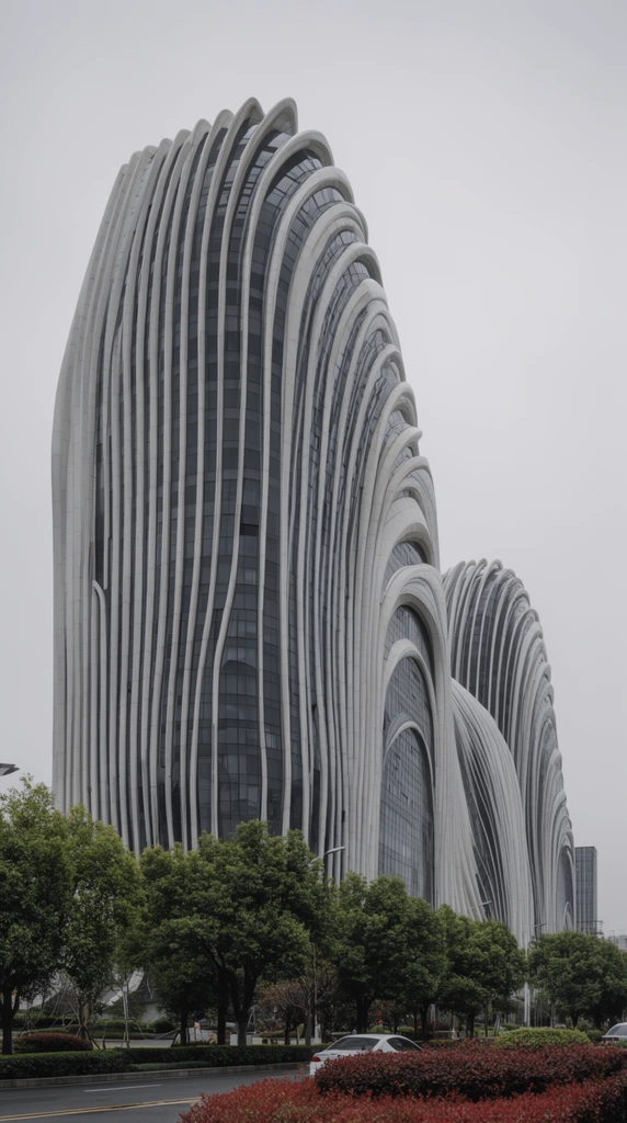 towering futuristic skyscraper complex, organic fluid architecture, undulating white vertical fins wrapping a dark gray glass core, parametric mountain-like design, multiple curved peaks receding into the background, low angle perspective, flat overcast sky, foreground street level with lush green trees, reddish bushes, paved road, white car, architectural photography, muted urban color palette