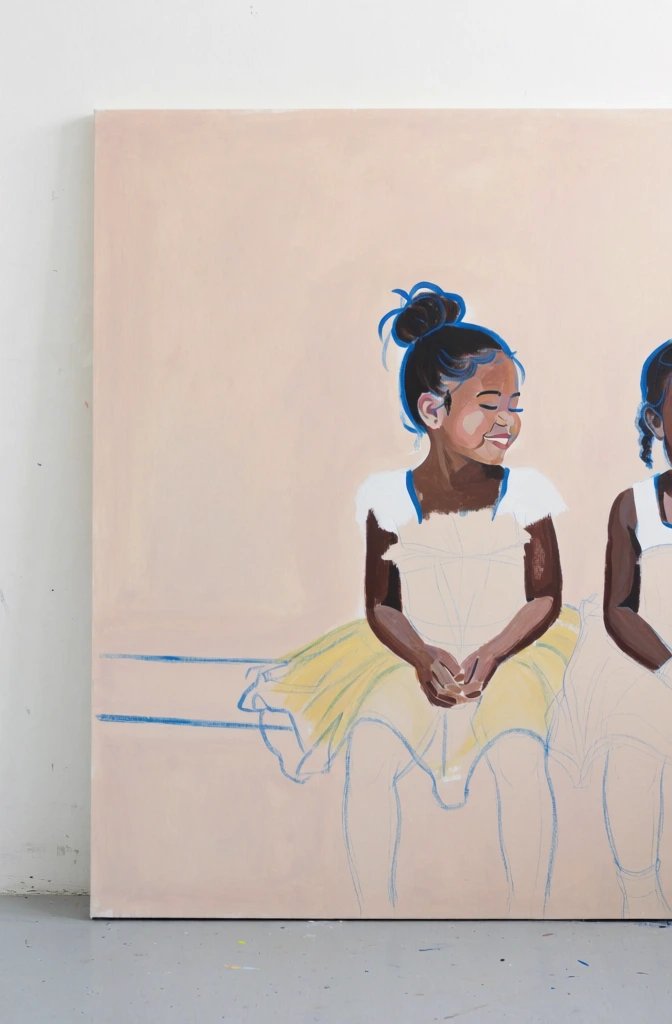 A warmly lit in-progress painting shows two young girls seated side by side, smiling at each other in a tender, joyful moment, their tutu-like skirts spreading outward in loose, sketchy folds while the background remains mostly blocked in with pale geometric shapes. Acrylic or gouache underpainting, figurative portrait study, contemporary representational painting, works-in-progress aesthetic, visible sketch lines, layered blocking, loose brushwork, semi-finished canvas, intimate domestic scene, painterly, airy, gentle, playful, serene, medium visual complexity, stylistically adjacent to Alex Katz studies, Amoako Boafo color confidence, Matisse-like simplification, warm pastel palette, peach-beige ground, cobalt blue linework, chocolate brown skin tones, soft yellow, blush pink, pale lavender-blue, low to moderate contrast, even diffuse lighting, no evident camera blur, no strong lens distortion, slight wall or canvas surface texture visible, no text, no borders, no watermark. The left girl sits slightly left of center, turned toward the right, with her head tilted down and inward as she smiles broadly with closed or nearly closed eyes; her hair is gathered into a messy high bun outlined in vivid blue, with wispy strands escaping around her head. Her face and arms are more fully painted than her clothing, in warm brown tones with blue shadow modeling. She wears a white short-sleeved top that is only partially rendered, and a large fluffy yellow skirt or tutu fills the lower left-middle area, its edges defined by loose blue contour lines. Her hands rest together near her lap at the center-left. The right girl sits right of center, angled leftward toward the other child, also smiling with eyes closed, her expression relaxed and delighted. She has short, bobbed dark-blue-painted hair, a similarly unfinished white top, and a voluminous pink skirt or tutu spreading across the lower right quadrant. Her right arm descends along her side; her left side merges into sketch lines and garment folds. Behind them, a horizontal blue line runs across the middle like a bench rail or horizon. The upper background is a flat peach-beige field interrupted by large pale blue and cream angular shapes, especially on the right side, suggesting an abstracted interior or window-like forms. The bottom foreground is filled with energetic blue sketch marks indicating floor lines, extra fabric, and unfinished compositional planning.