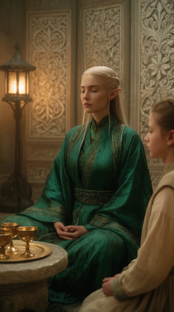 seated elven noblewoman in emerald silk robes, young attendant on the right edge, glowing lantern on the left side, paneled screens with intricate floral carvings in the background, golden chalices on a low stone table, serene meditative mood, warm cinematic lighting