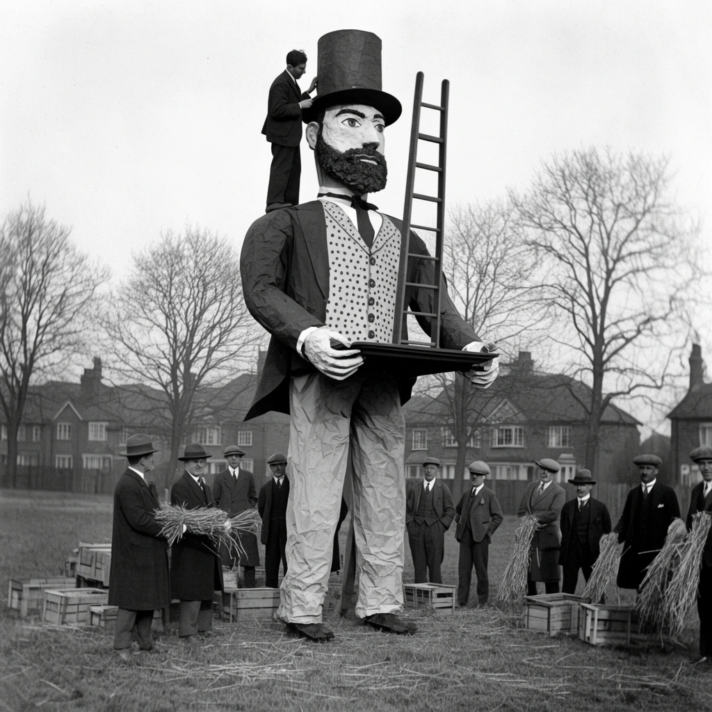 black and white historical photograph, towering paper-mache effigy of a bearded man wearing a top hat and dotted waistcoat, a man standing on the giant shoulder adjusting the hat, wooden ladder resting on a tray held by the statue, onlookers in 1920s attire gathered in a grassy field, men holding bundles of straw, scattered crates, bare trees and brick houses in the background