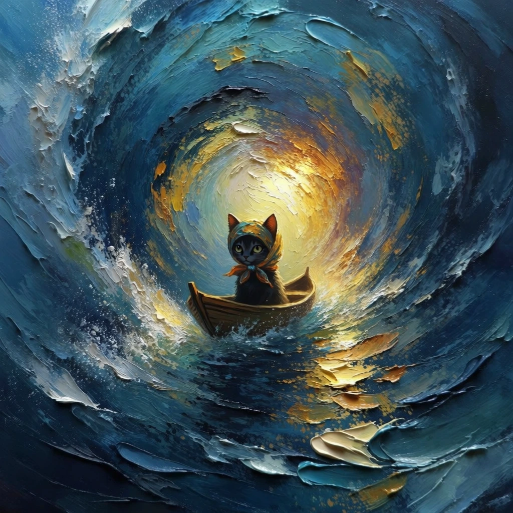 impasto oil painting style, thick textured brushstrokes, dynamic swirling vortex of deep navy blue and turquoise water, glowing golden yellow and amber light at the center of a circular tunnel, a cat wearing a decorative headscarf sitting in a small wooden boat at the heart of the spiral, expressive palette knife details, dramatic highlights and shadows, fine spray of white paint for water foam, overhead perspective looking down into a whirlpool, cinematic and surreal atmosphere.