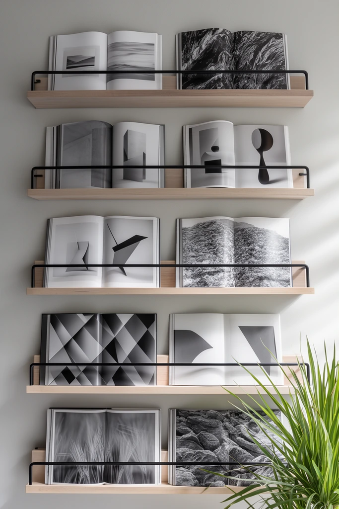Five light-wood floating shelves with thin black metal retaining bars are mounted on a smooth pale gray wall. The shelves display open art publications featuring exclusively monochromatic, high-contrast imagery. Visible spreads showcase grayscale photography, minimalist geometric shapes, abstract patterns, and rugged landscapes. Soft natural light casts diagonal shadows across the arrangement from the right. In the bottom right foreground, the spiky bright green fronds of a plant provide the only vibrant color in this disciplined, modern interior.