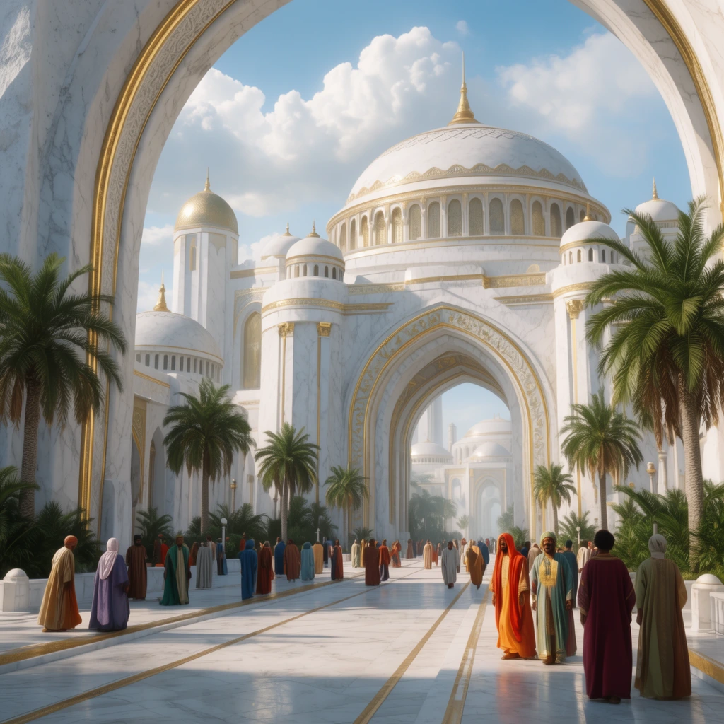 Utopian city plaza, white marble buildings with gold trim, large archways, domed palace, palm trees, pedestrians in colorful robes, bright cinematic lighting
