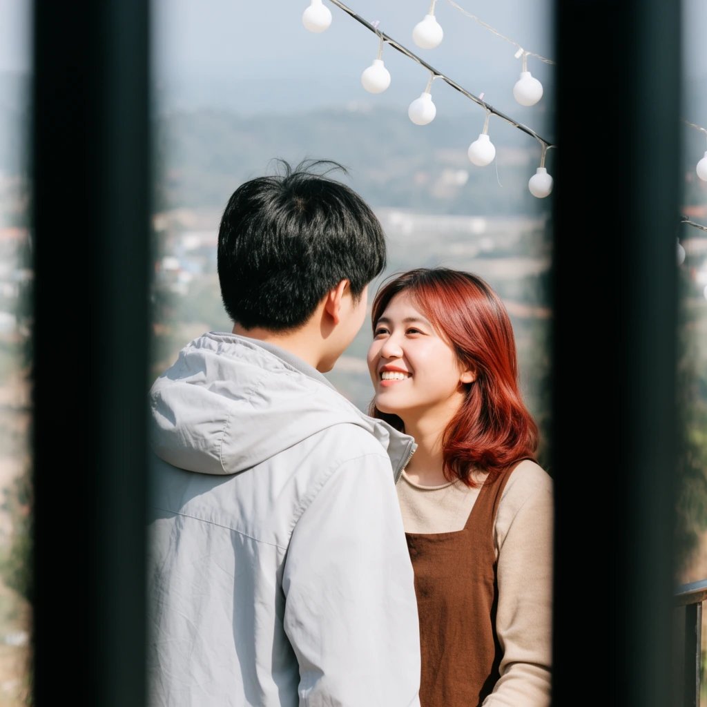 A young couple shares an intimate moment framed by out-of-focus black vertical bars in the foreground. The dark-haired man is seen from behind in a light grey hooded jacket. Facing him, the woman smiles brightly in the sunlight, wearing a brown pinafore over a beige top with reddish-brown hair. Round white string lights hang diagonally overhead. A shallow depth of field softly blurs the background, revealing a hazy valley landscape of rolling hills and distant structures. The brightly lit candid photograph uses this narrow perspective to emphasize the subjects' warm connection.