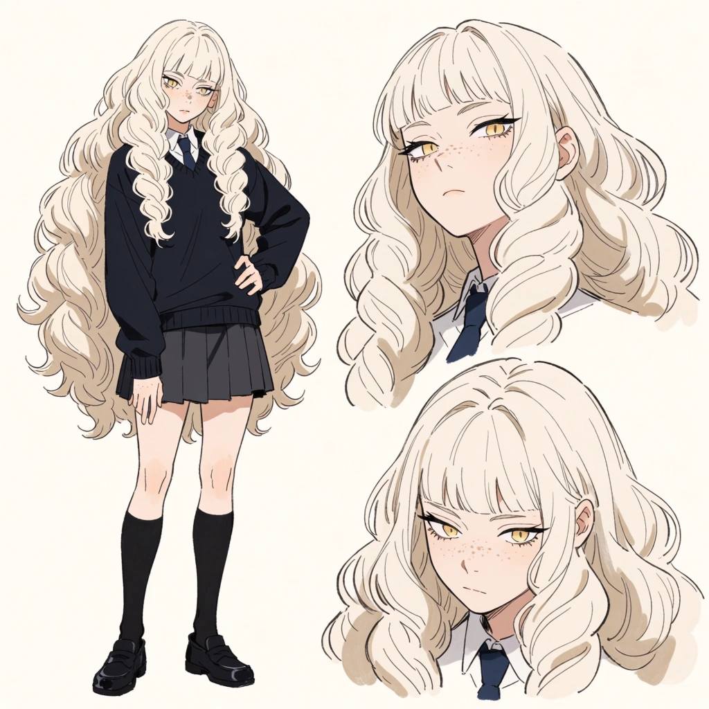 A character design sheet features a young woman with voluminous, wavy, cream-colored hair in three distinct poses against a solid, neutral off-white background. On the left, a full-body view shows her standing with her left hand resting on her hip and her right hand placed near her thigh. She wears a school-style uniform consisting of a dark navy long-sleeved sweater over a white collared shirt with a dark tie, a short pleated charcoal-colored skirt, black knee-high socks, and black leather loafers. Her hair is exceptionally thick and long, flowing down past her waist in large, soft waves with straight-cut bangs covering her forehead. To the right, two close-up headshots emphasize her facial features, which include pale skin, light brown freckles across her cheeks and nose, and large amber eyes framed by thick, dark eyelashes. In the top-right portrait, she looks slightly upward with a neutral, almost indifferent expression, while the bottom-right portrait shows her looking slightly downward with the same stoic gaze. The artistic style is characteristic of modern anime, utilizing clean black line art and subtle cel-shading to define the folds in her clothing and the depth of her hair. The color palette is muted, dominated by dark blues, greys, and cream tones, which makes her bright golden eyes a focal point. All three depictions are presented under flat, even lighting with no shadows cast on the background.