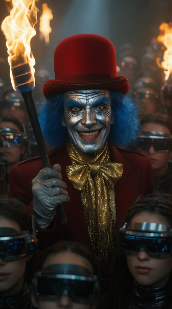 Gaunt ringmaster, silver face paint, blue hair, red bowler hat, gold ascot, holding flaming torch, sinister smile, crowd in futuristic visors, cinematic