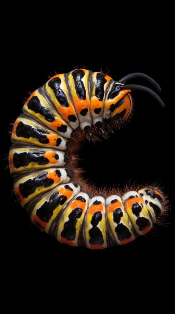 A vibrant, segmented caterpillar curves into a tight crescent shape against a pitch-black background. The plump body features a striking pattern of vivid orange, yellow, and white bands interspersed with glossy black sections. Prominent, irregular black splotches mark the sides of each segment. Fine, reddish-brown bristle-like hairs protrude along its underside, while two smooth, curved black antennae extend from its rounded head. Captured in extreme macro photography, the hyper-detailed focus and dramatic studio lighting highlight the fleshy, slightly reflective texture of the insect, creating a striking high-contrast composition isolated in absolute darkness.