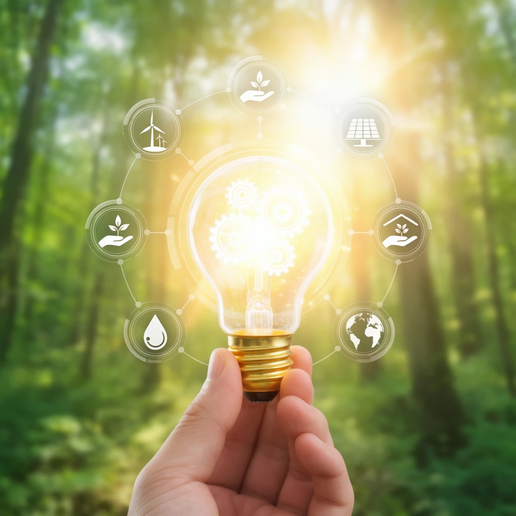 A human hand holds a brightly glowing glass light bulb surrounded by a luminous ring of ecological icons against a sunlit forest background. The hand grasps the golden screw base of the bulb, radiating intense light from internal glowing gear structures. Encircling the bulb is a translucent white holographic interface featuring circular icons connected by thin digital lines. The symbols depict wind turbines, solar panels, hands sheltering plants, a water droplet, and a globe. The background is a deeply blurred green woodland illuminated by a massive sun flare positioned directly behind the bulb. The composition blends photorealism with digital overlays in a high-key palette of lush greens, warm golden yellows, and brilliant whites.