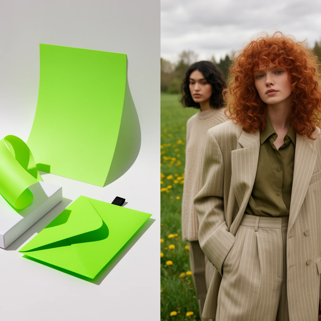 split diptych composition, minimalist studio still life on left side, curved white seamless backdrop, leaning neon green rectangular cardstock, white box with curled neon green peeling strip, neon green envelope with black ribbon tab, sharp drop shadows, right side outdoor fashion photography, overcast green field with yellow dandelions, foreground woman with voluminous curly red hair in oversized beige pinstripe suit and olive shirt, hand in pocket, soft focus background woman with dark hair in beige knit sweater, earthy tones juxtaposed with vibrant neon accents, natural diffused lighting