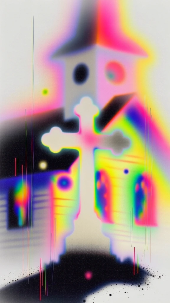 an ornate cross stands before a wooden church, heavy gaussian diffusion, soft-focus silhouettes, electric prismatic luminescence in neon magenta and yellow, hazy diffused edges, dense high-iso monochromatic digital grain, ultra-fine hair-thin vertical vector glitch lines, luminous internal glow, floating bokeh orbs, chromatic aberration on high-contrast contours, ethereal dreamcore aesthetic, stark stippled black shadows, vibrant atmospheric bloom, flattened depth of field