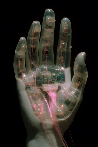 Translucent Bio-Cyber Assemblage style reference image — biomorphic cybernetic sculpture
